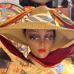 MOSCHINO Italy Oversize Silk Scarf 48” Travel Journal Postcard Print Red Tan (L)